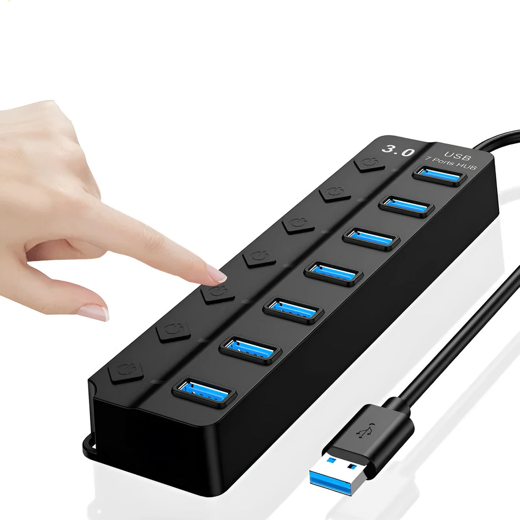 Black seven-port USB 3.0 hub with external power supply unit and cables