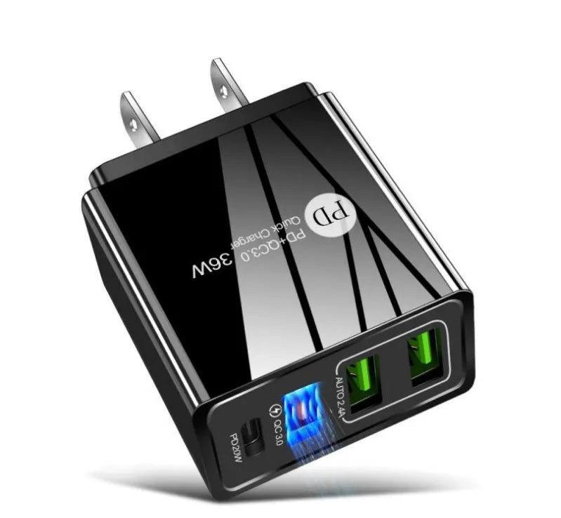 QC3.0 fast charge charger with PD4 port 20W output in multiple colour options including British black and white variants
