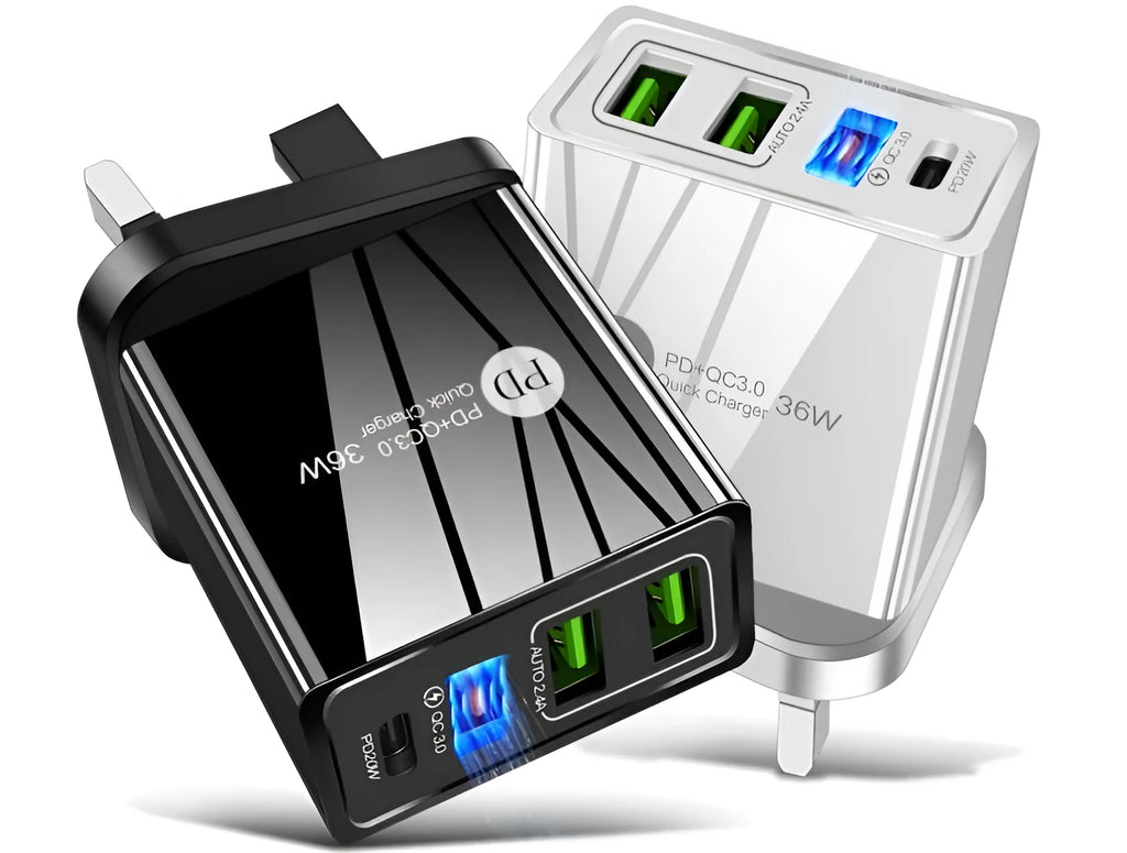 QC3.0 fast charge charger with PD4 port 20W output in multiple colour options including British black and white variants