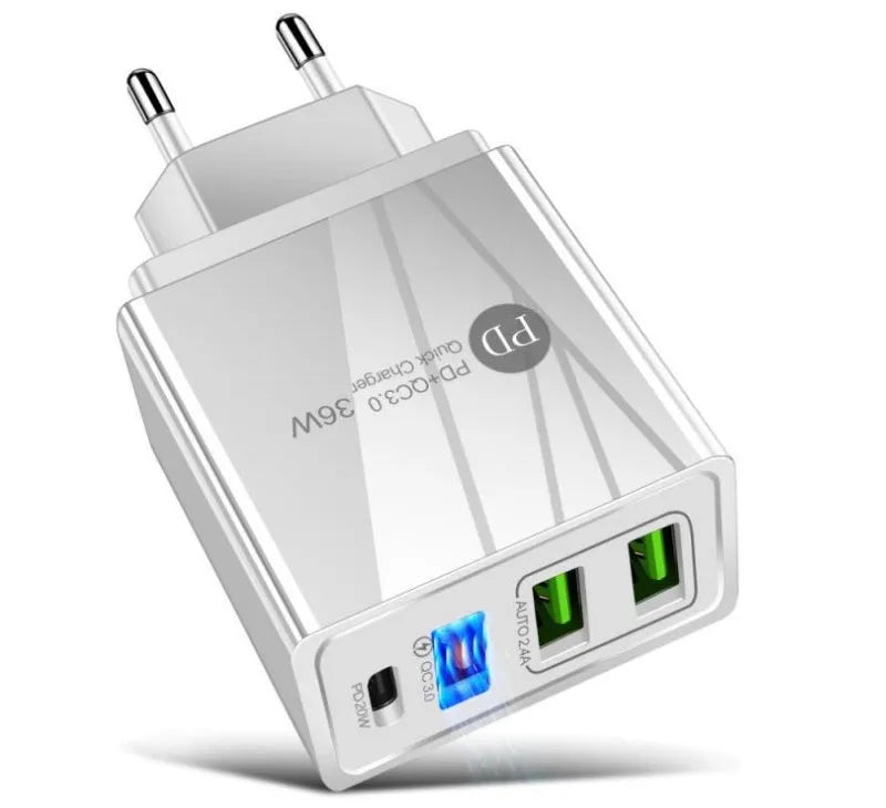 QC3.0 fast charge charger with PD4 port 20W output in multiple colour options including British black and white variants