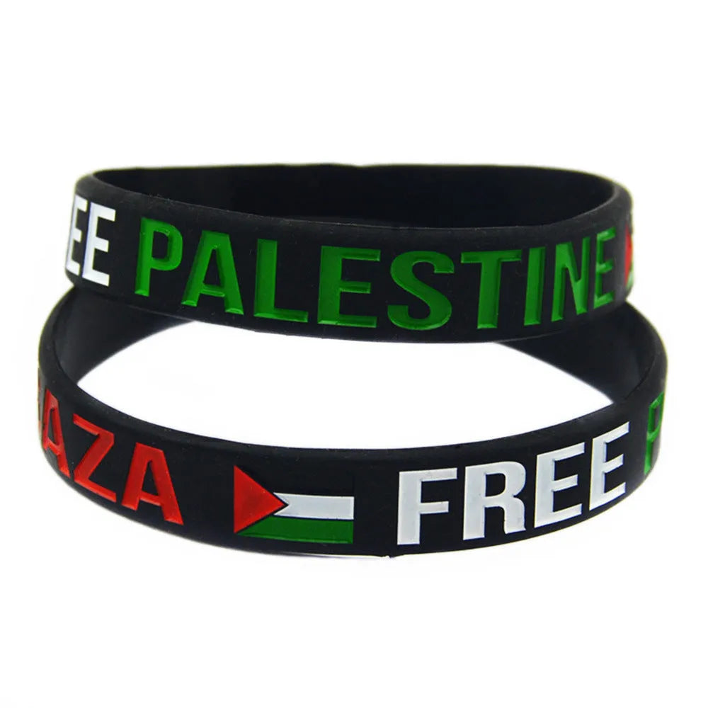 Palestine flag silicone wristband set with geometric design, including black and white plain bands