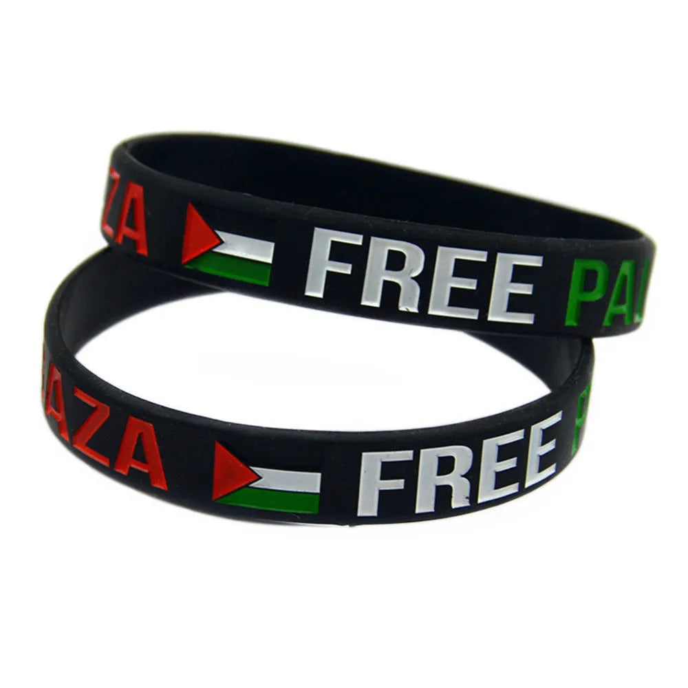 Palestine flag silicone wristband set with geometric design, including black and white plain bands