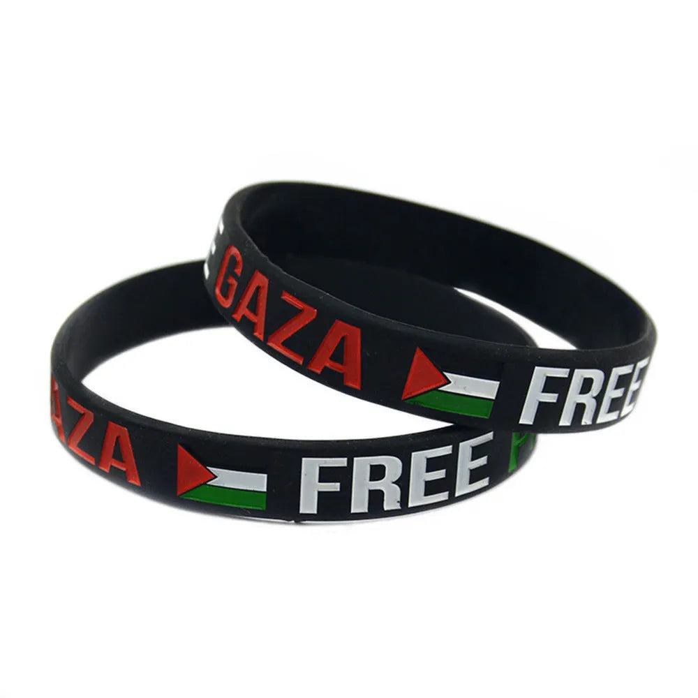 Palestine flag silicone wristband set with geometric design, including black and white plain bands