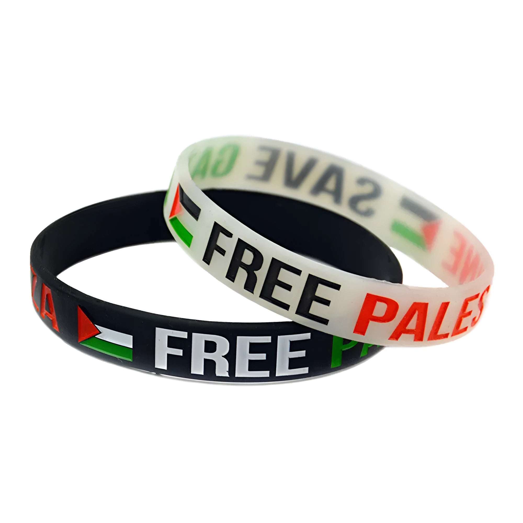 Palestine flag silicone wristband set with geometric design, including black and white plain bands