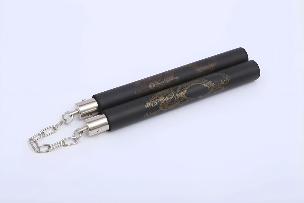Sponge nunchakus with blue foam sticks connected by metal chain for martial arts training