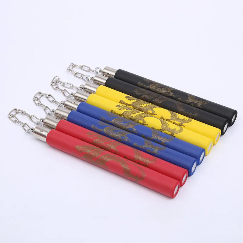 Sponge nunchakus with blue foam sticks connected by metal chain for martial arts training