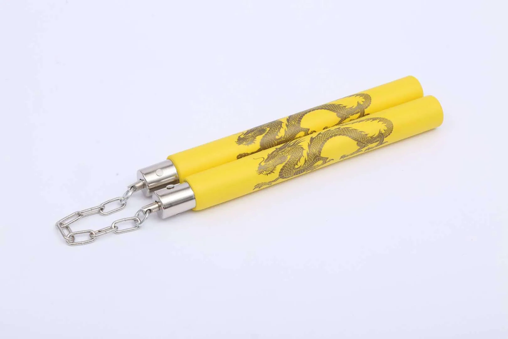 Sponge nunchakus with blue foam sticks connected by metal chain for martial arts training