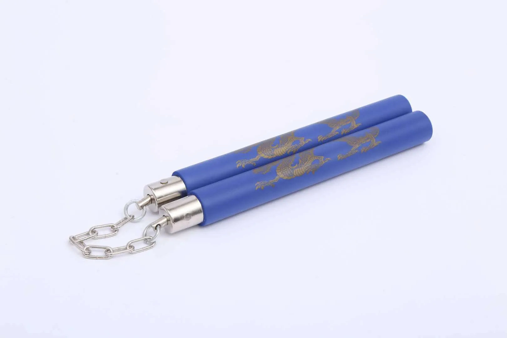 Sponge nunchakus with blue foam sticks connected by metal chain for martial arts training