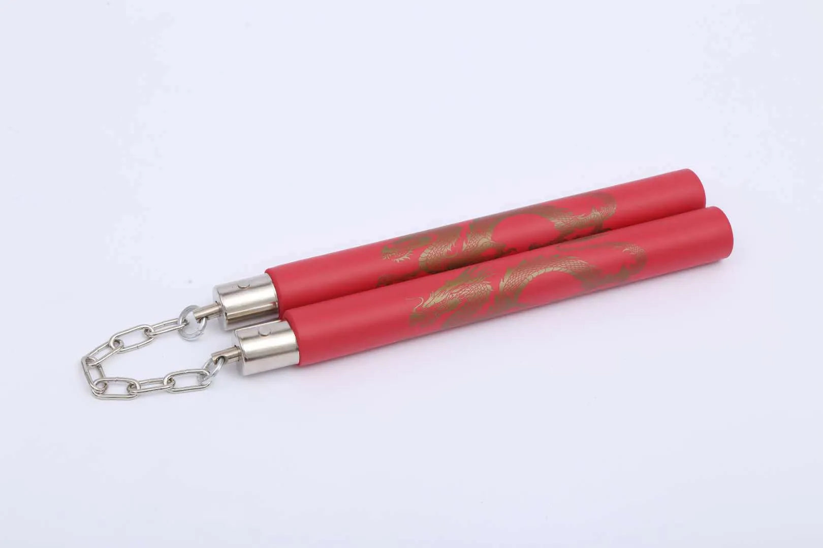 Sponge nunchakus with blue foam sticks connected by metal chain for martial arts training