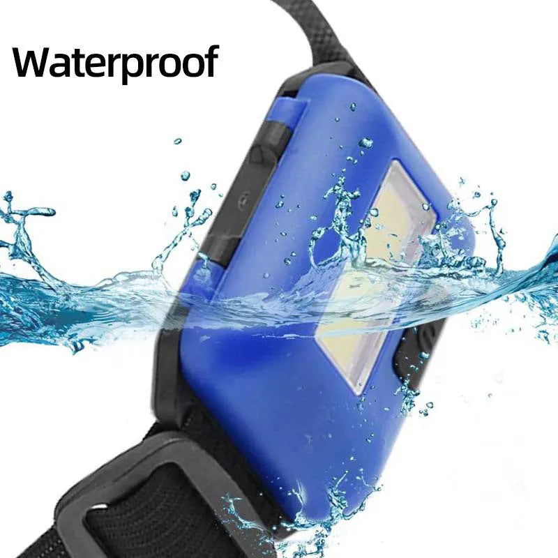 Compact blue, black, red, or white outdoor LED headlight with polyester head strap.
