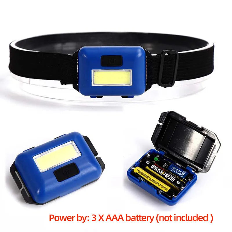 Compact blue, black, red, or white outdoor LED headlight with polyester head strap.