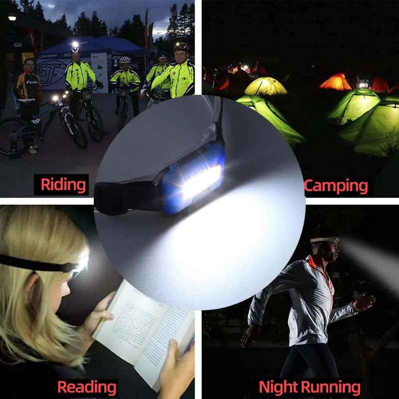 Compact blue, black, red, or white outdoor LED headlight with polyester head strap.