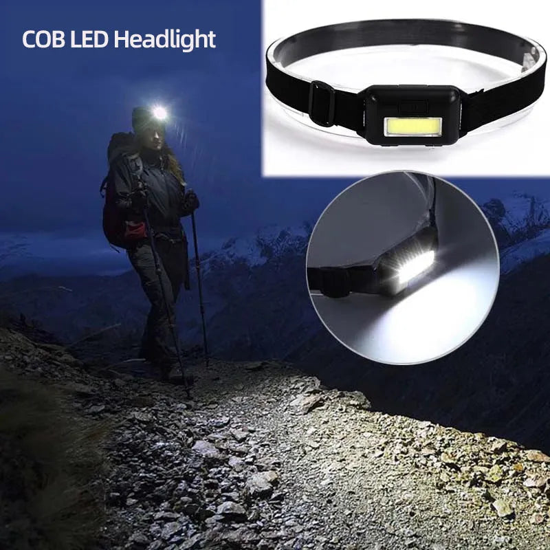 Compact blue, black, red, or white outdoor LED headlight with polyester head strap.