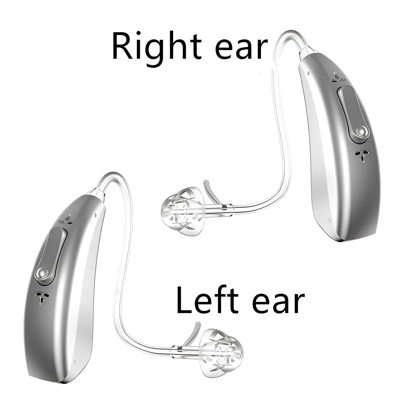 Wireless invisible hearing aid with USB charging case showing three listening mode indicators
