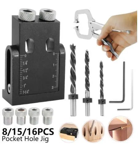 Black aluminium woodworking perforation locator tool with drill bits on a wooden surface