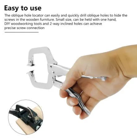 Black aluminium woodworking perforation locator tool with drill bits on a wooden surface