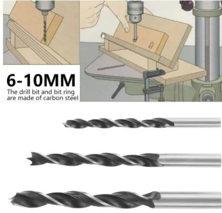 Black aluminium woodworking perforation locator tool with drill bits on a wooden surface