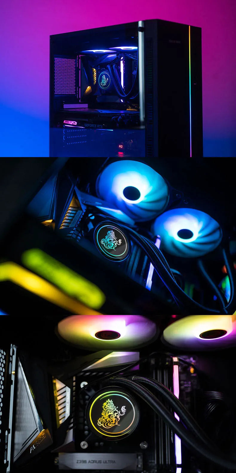 Kirin 240mm black CPU water cooling radiator with ARGB fans and copper-aluminium fins