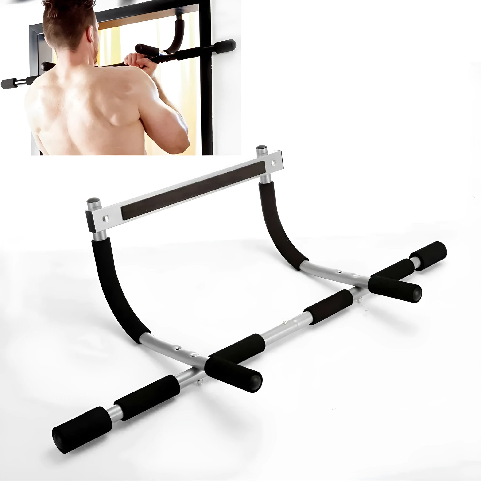 Black steel indoor pull-up bar for doorway or wall mounting