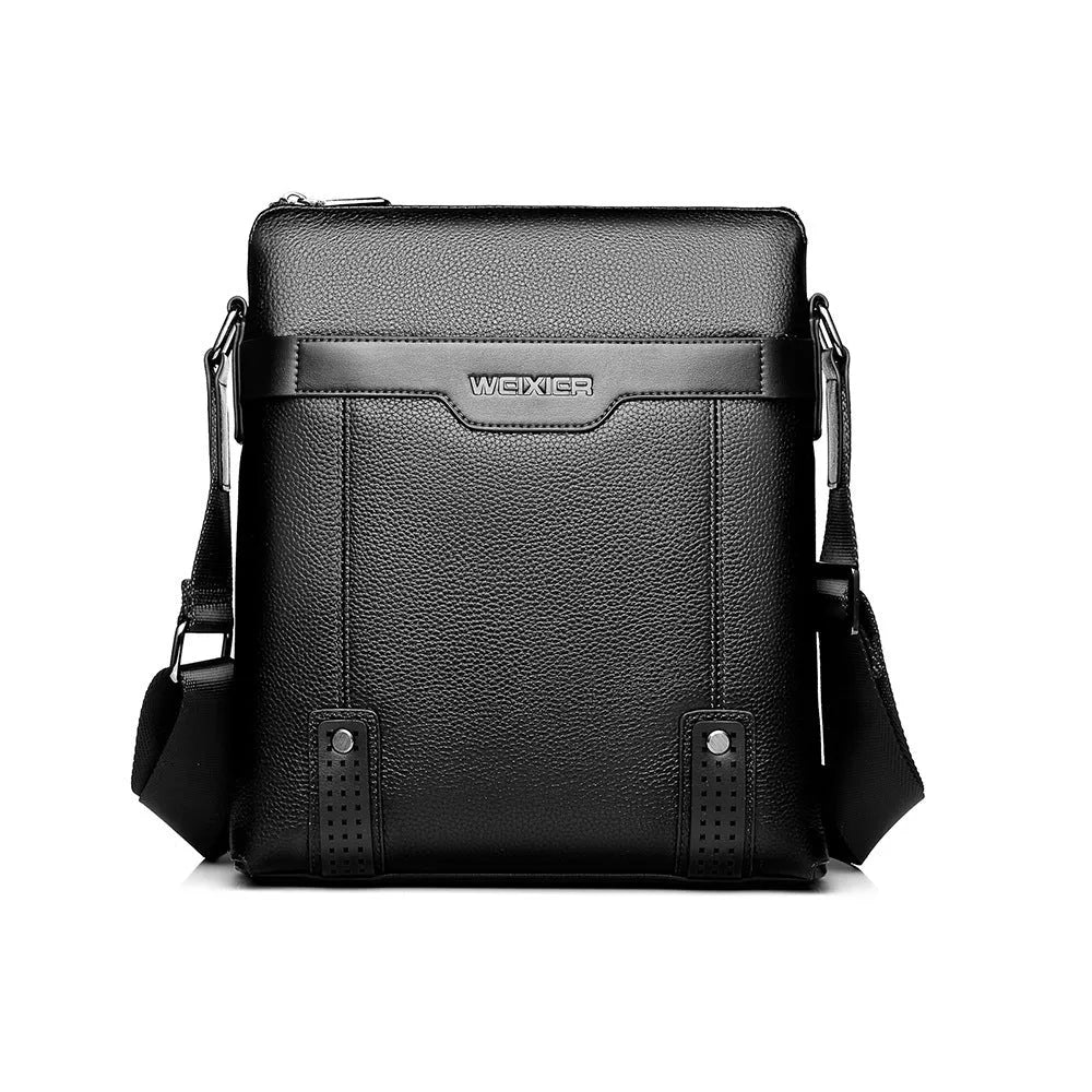Rectangular black PU leather shoulder bag for men with adjustable strap and zipper closure