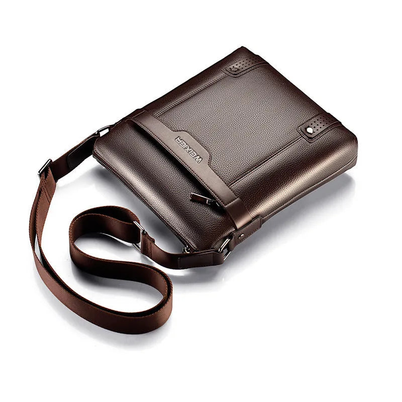 Rectangular black PU leather shoulder bag for men with adjustable strap and zipper closure