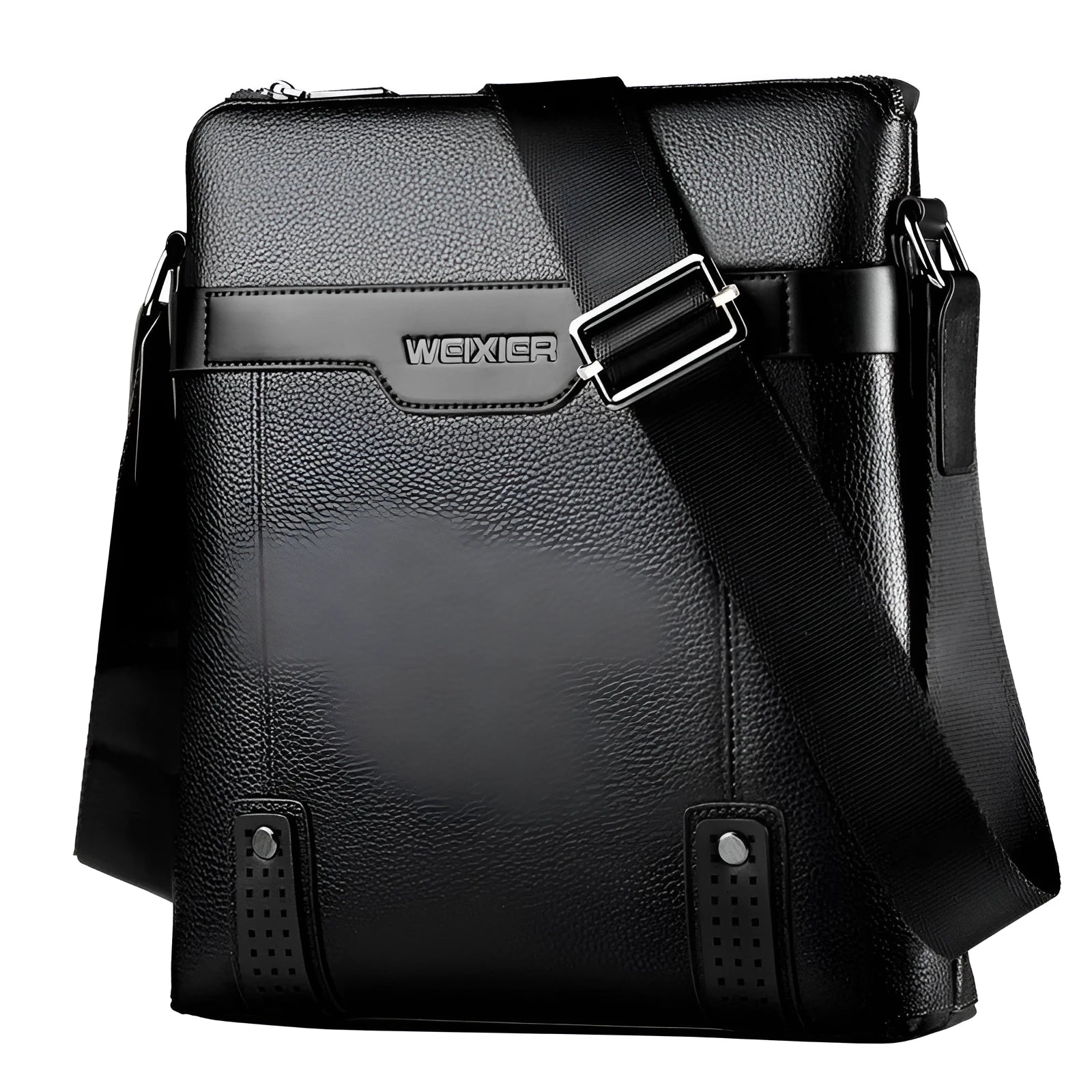 Rectangular black PU leather shoulder bag for men with adjustable strap and zipper closure