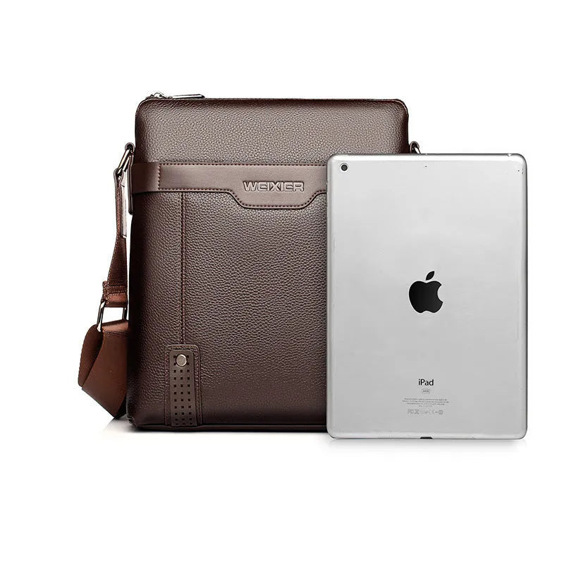 Rectangular black PU leather shoulder bag for men with adjustable strap and zipper closure