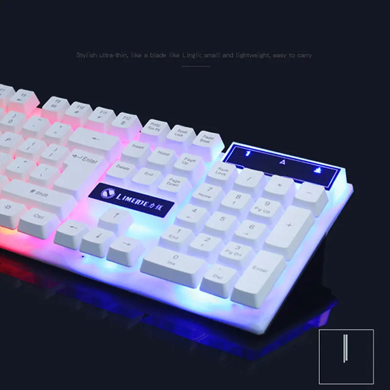 GTX300 black and white wired USB gaming keyboard and mouse set with backlit keys on desk