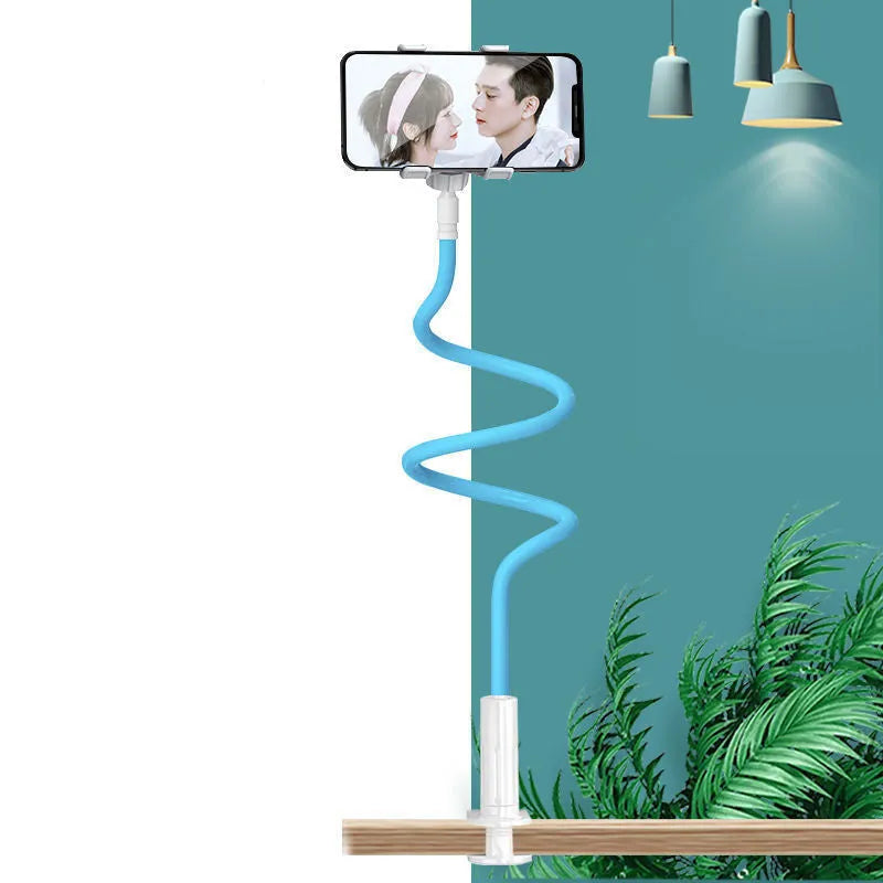 Blue bedside mobile phone holder with adjustable memory alloy hose holding a smartphone.