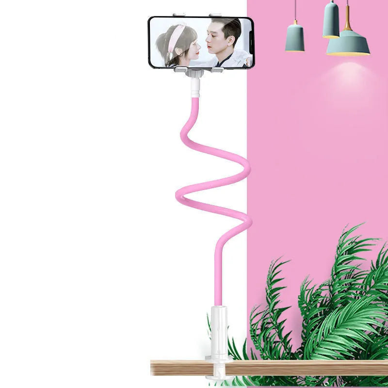 Blue bedside mobile phone holder with adjustable memory alloy hose holding a smartphone.
