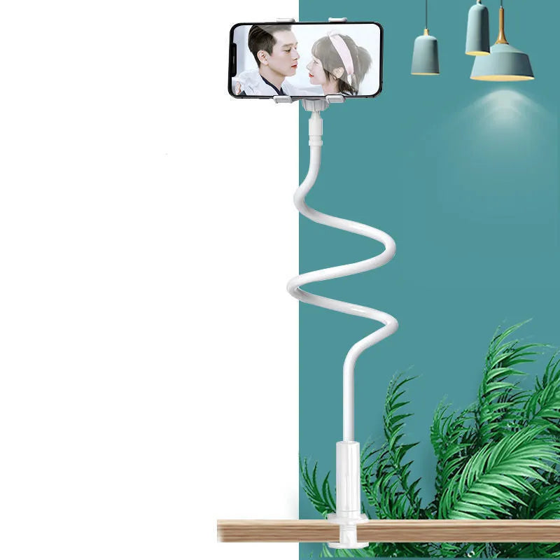 Blue bedside mobile phone holder with adjustable memory alloy hose holding a smartphone.