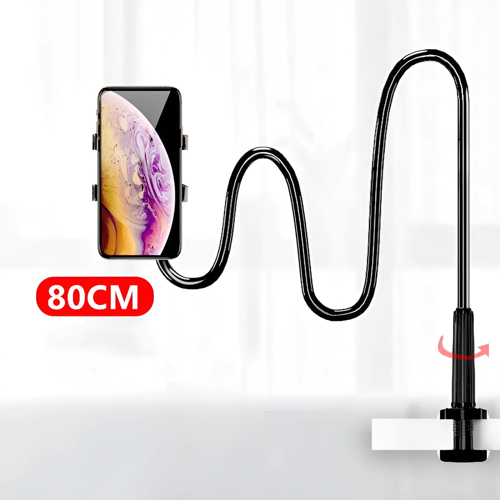 Blue bedside mobile phone holder with adjustable memory alloy hose holding a smartphone.