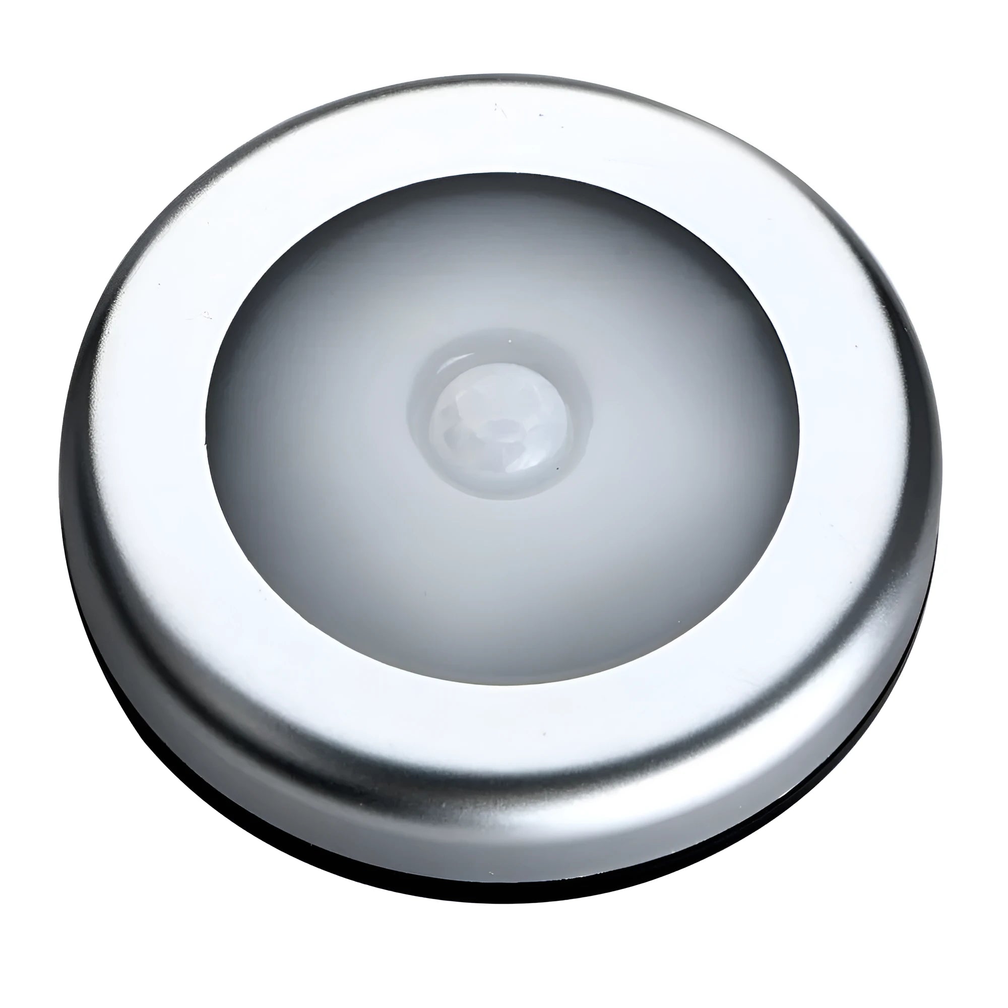 Silver wireless motion sensor night light on a table, showing its compact 80mm size.