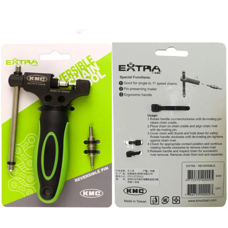 Green steel bicycle chain and matching chain cutter tool with double shaft chaining device