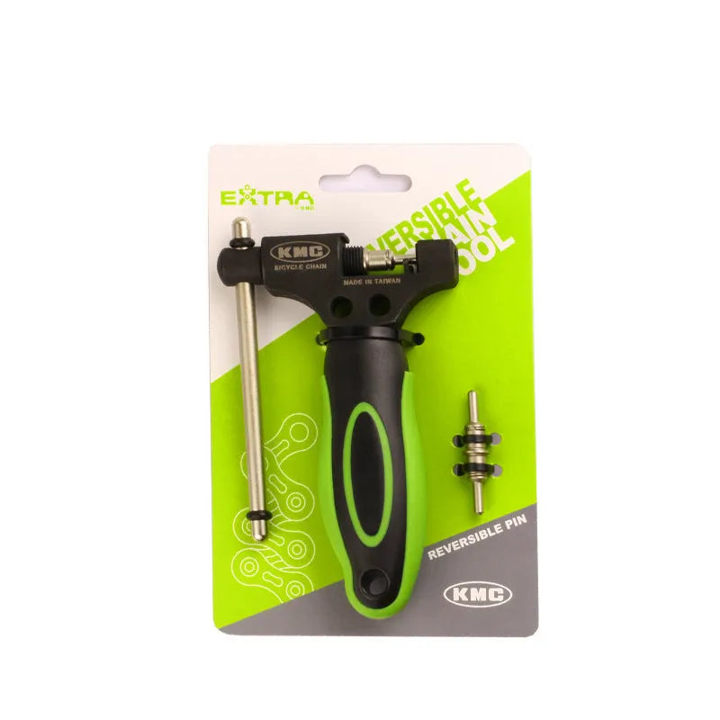 Green steel bicycle chain and matching chain cutter tool with double shaft chaining device