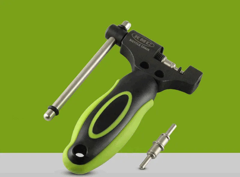 Green steel bicycle chain and matching chain cutter tool with double shaft chaining device