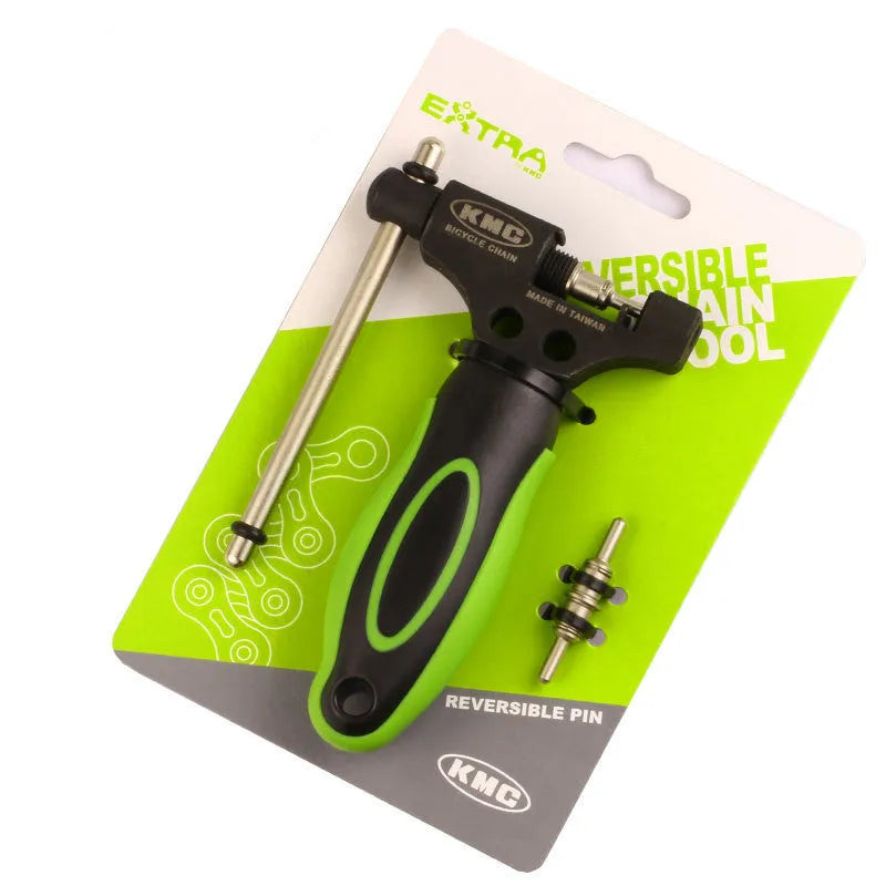 Green steel bicycle chain and matching chain cutter tool with double shaft chaining device
