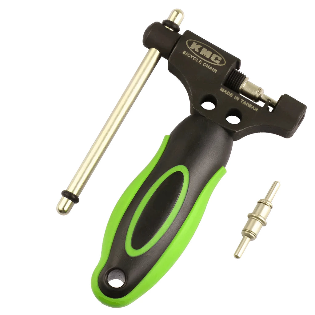 Green steel bicycle chain and matching chain cutter tool with double shaft chaining device