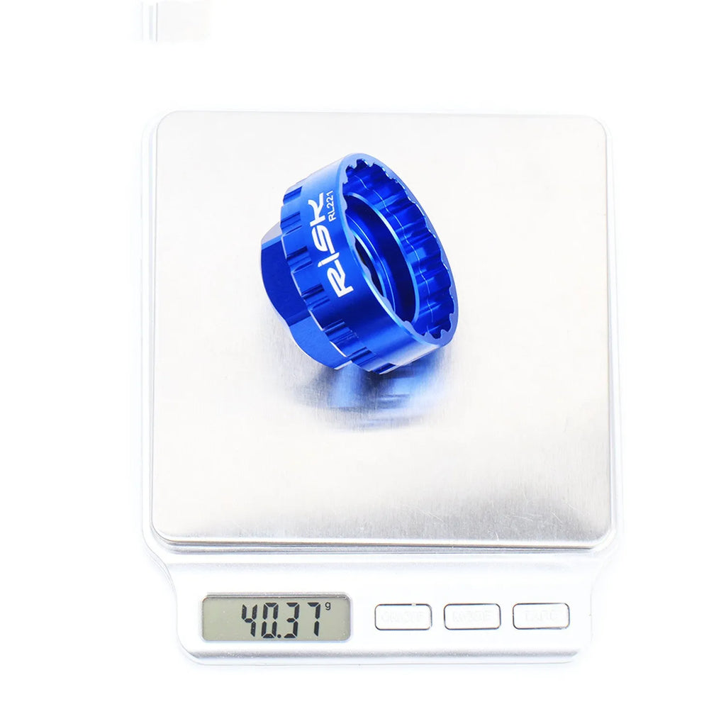 Blue aluminium alloy 12-speed direct mount disc brake removal wrench for bicycles.