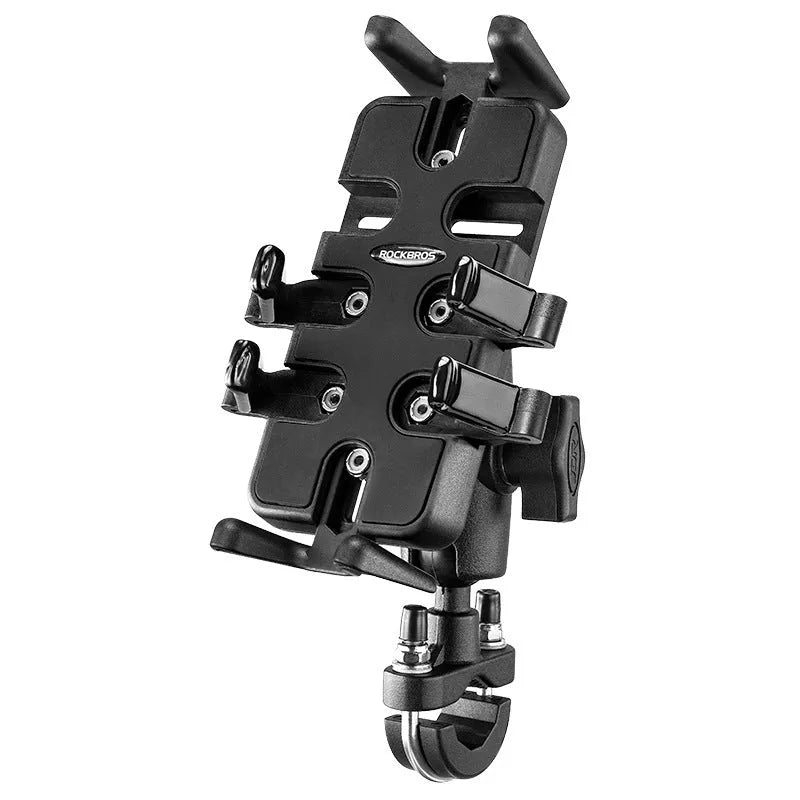 Black nylon U-shaped phone navigation bracket mounted on bicycle handlebars