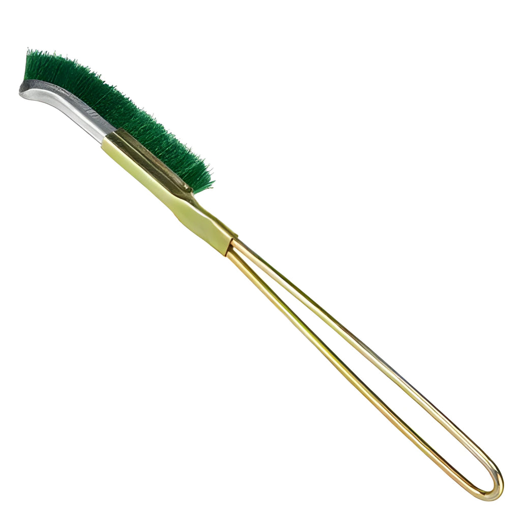 Green elbow nylon wire rust removal brush with metal handle for cleaning range hoods and cookware