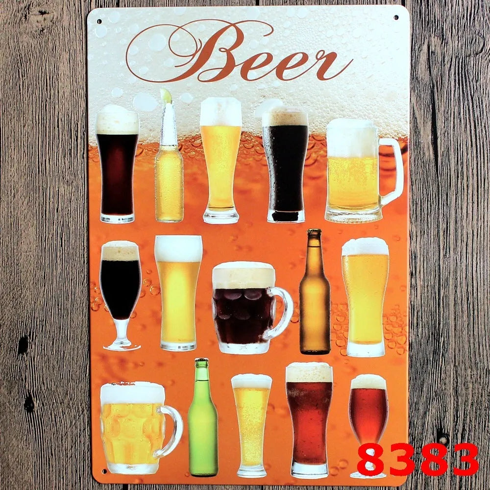 Retro barbecue and beer themed metal tin painting wall sign, 20cm by 30cm in size.