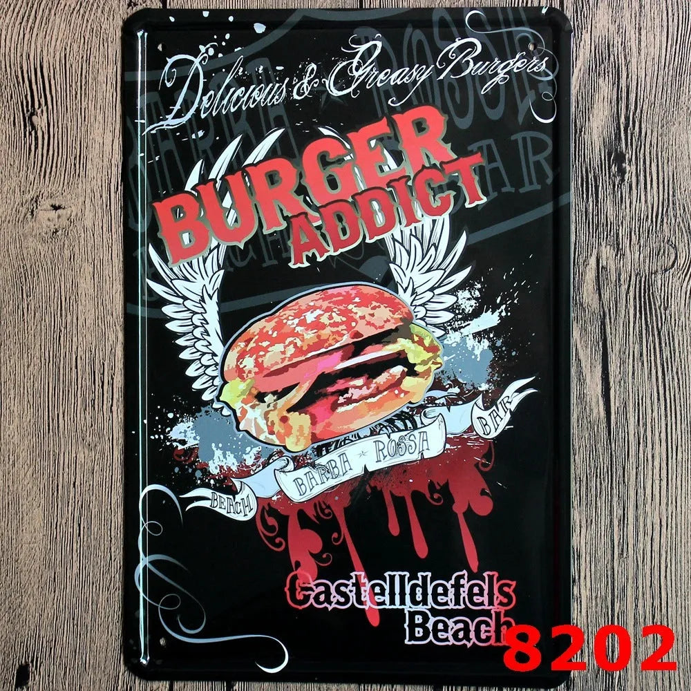 Retro barbecue and beer themed metal tin painting wall sign, 20cm by 30cm in size.