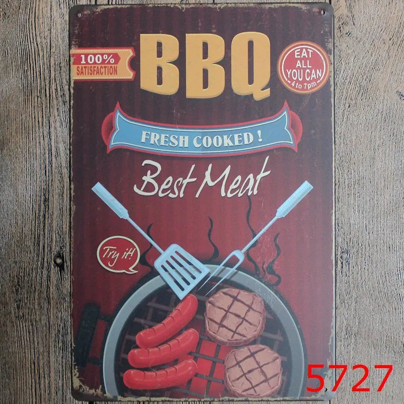 Retro barbecue and beer themed metal tin painting wall sign, 20cm by 30cm in size.