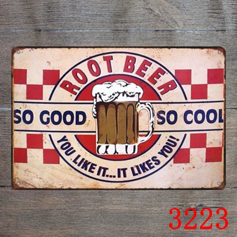 Retro barbecue and beer themed metal tin painting wall sign, 20cm by 30cm in size.