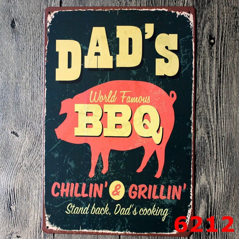 Retro barbecue and beer themed metal tin painting wall sign, 20cm by 30cm in size.