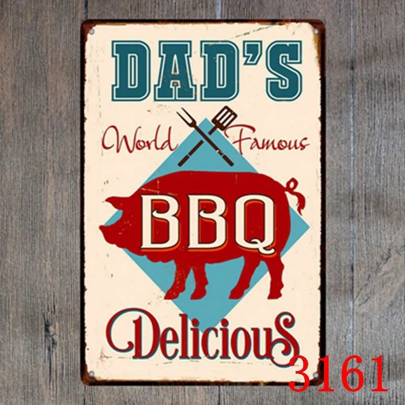 Retro barbecue and beer themed metal tin painting wall sign, 20cm by 30cm in size.