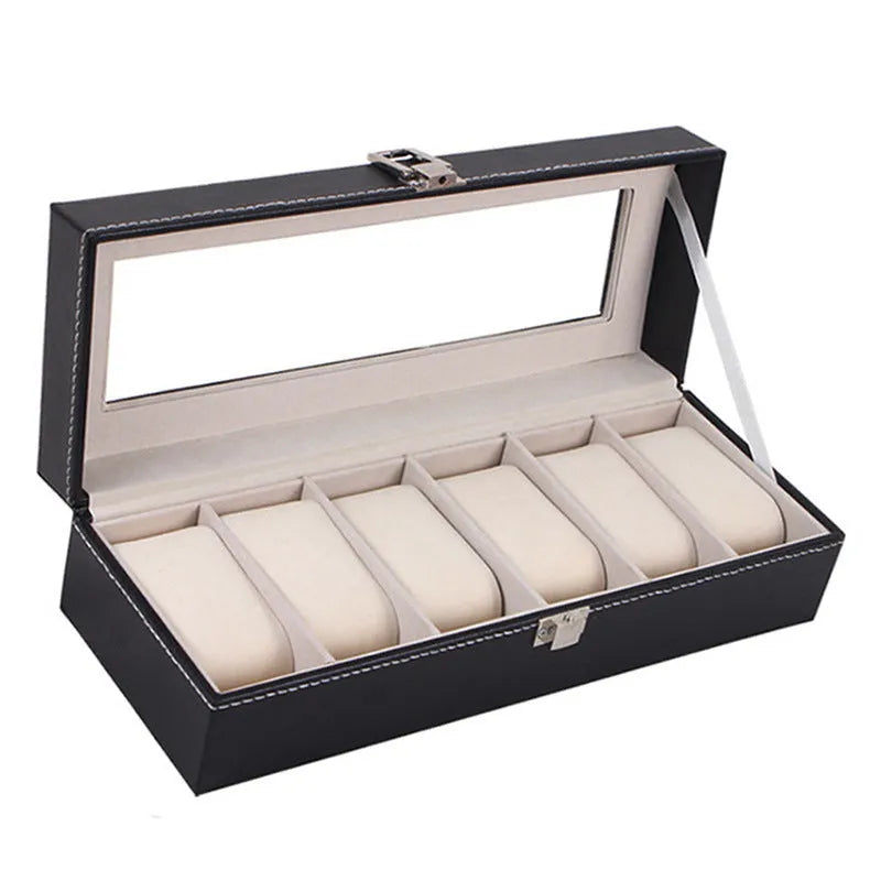 Black wooden watch display case with six watch windows showing dimensions