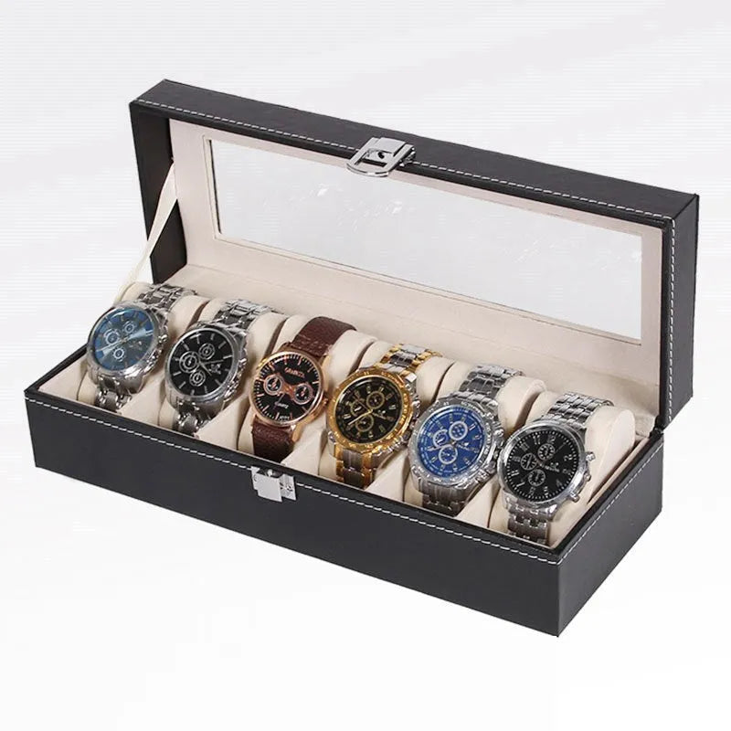 Black wooden watch display case with six watch windows showing dimensions