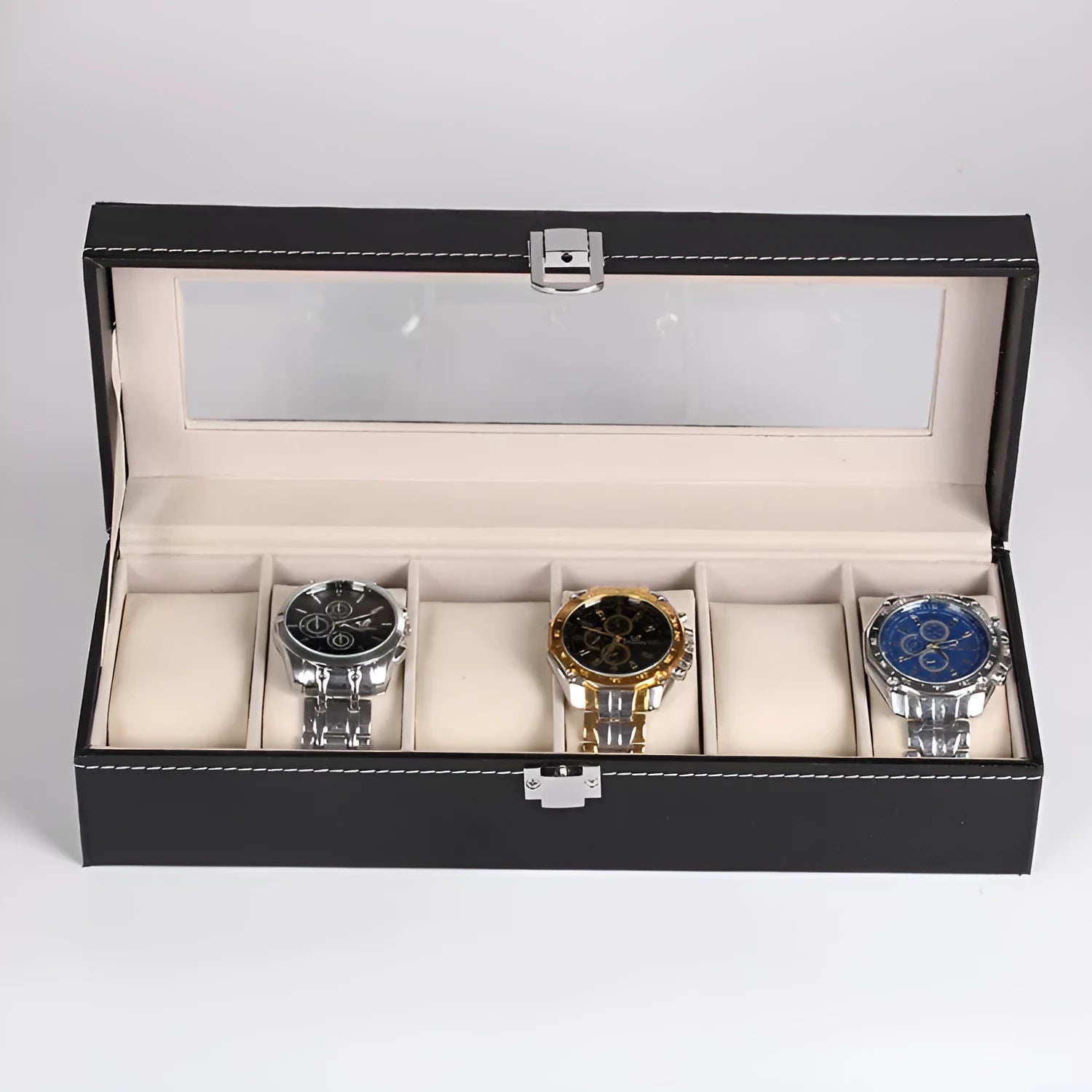 Black wooden watch display case with six watch windows showing dimensions
